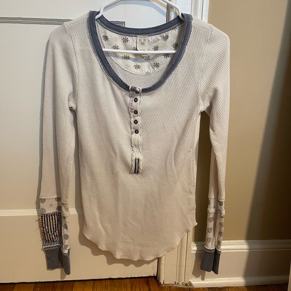 We The Free Cream Long Sleeve Henley Top with Gray Trim